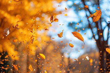 Golden leaves falling from trees in the crisp air of autumn, A picturesque scene of golden leaves cascading from trees against the backdrop of crisp autumn air