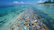Environmental Protection; plastic, trash island, located on the ocean, marine pollution, littered with a wide array of waste, from plastic bottles to decomposing debris, over-tourism