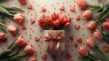 There Is A Space For Text On The Back Of The Gift Box With Eight Tulips Made Out Of Ribbon And Small Hearts On A White Background