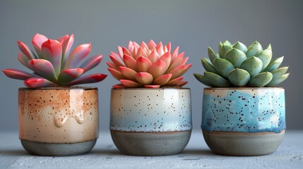 Wall Mural - Grey background with succulent plants in pots. Houseplants.