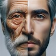 Two halves of a face with an old and a young half. Comparing old and young. Anti-aging. Life extension. Biological clock. Reversal of aging. Biological immortality. Anti-ageing. Generative AI