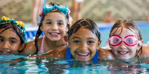 group of happy kids learning swimming in indoor summer pool. happy children kids group at swimming p