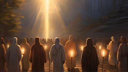 An image of believers on a pilgrimage, guided by a radiant light representing the spiritual journey towards Christ and divine enlightenment - AI