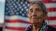 A pensive elderly woman in profile with a backdrop of the American flag, evoking a sense of history and reflection.