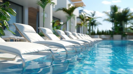 Poster - A row of lounge chairs by a swimming pool. Perfect for travel brochures