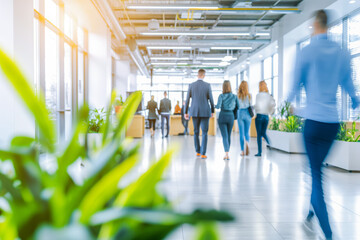 Bright business workplace with people in walking in blurred motion in modern office space. Green plants.