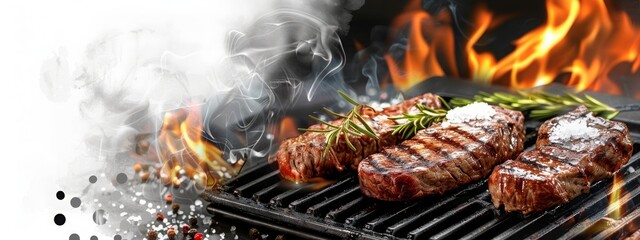 Steaks sizzling on grill amid flames