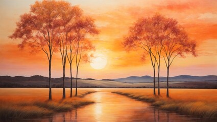 Wall Mural - Sunset over the river, watercolor