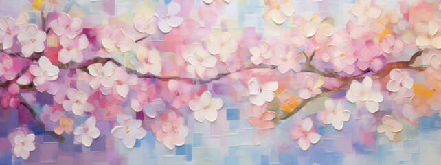 Wall Mural - Blossoming Branch. Textured Painting Of Flowers In Pastel Shades Of Spring. Digital Artwork. Generative AI