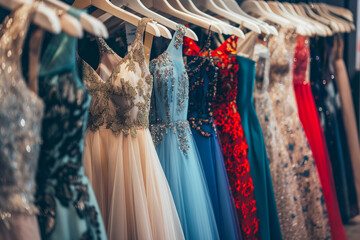 Collection of elegant evening dresses hanging on rack in luxury modern shop boutique. Dress rental for various occasions and events. Ball gown hire