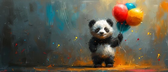 Canvas Print - Cartoon character clipart of a panda with balloons, holiday design, t-shirt printing, birthday card, clipart of a panda with balloons