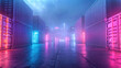 Mysterious and enigmatic atmosphere at a foggy container port illuminated by intense and colorful neon lights creating a dramatic cyberpunk scene.