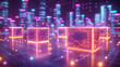 Abstract digital city and cubes of glowing neon. Represents data and technology.