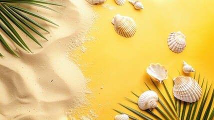 Shells and palm leaves on a vibrant yellow background. Perfect for tropical themed designs