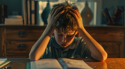 Wall Mural - A young boy sitting at a table with a book. Ideal for educational and lifestyle concepts