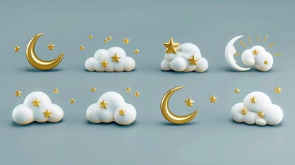 
A 3D rendering of the moon surrounded by sleeping baby clouds, dreamy gold icons, and a lullaby for those experiencing insomnia. The scene depicts either a night sky or a sky illuminated by daylight