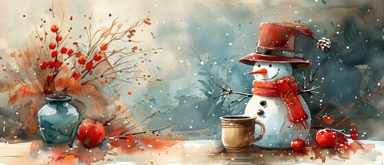 Wall Mural - Snowman portrait with a cup of hot drink, watercolor style clipart, winter illustration with cartoon character. This is a great design for cards and prints.