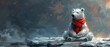 Polar bear meditating in a red scarf, cartoon illustration of a polar bear with a red scarf