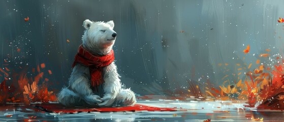 Wall Mural - A cute polar bear in red scarf meditating, yoga clipart, comic modern illustration with cartoon characters