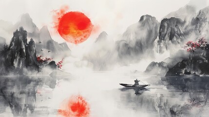 a traditional ink painting of a morning landscape featuring a large red sun, mist-covered mountains,