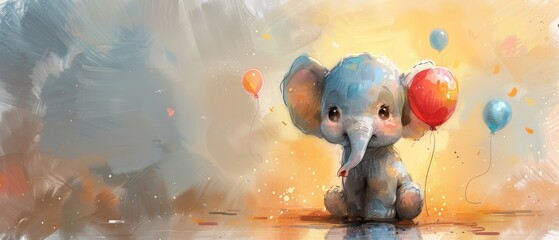 Wall Mural - A cute baby elephant with air balloons, watercolor illustration, good for cards and prints.