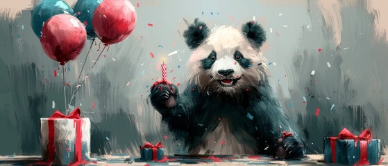 Panda with balloons, birthday cake, and presents, watercolor style illustration, holiday clipart with cartoon character available for use in cards and prints