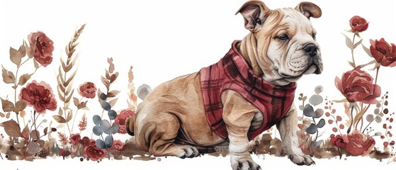 Wall Mural - Cute watercolor bull terrier in a dress, funny illustration for cards and prints