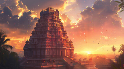 Wallpaper for puthandu with an majestic temple at dusk.