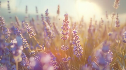 Canvas Print - Beautiful field of lavender flowers with the sun shining in the background. Perfect for nature and summer-themed designs