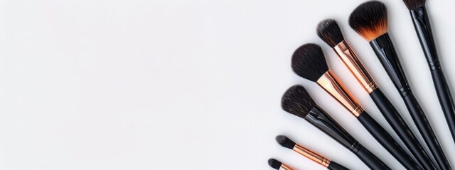 set of makeup brushes arranged on a split blue and yellow background, showcasing beauty tools and co