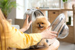 Woman with Pomeranian dog in backpack carrier at home, closeup