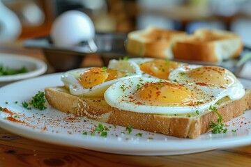 Wall Mural - A white plate with eggs on top of toast, perfect for food and breakfast concepts