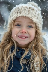 Wall Mural - A young girl wearing a hat in the snow, perfect for winter-themed designs