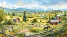 A Painting Depicting A Rural Scene With Multiple Horses Grazing In A Meadow, Surrounded By Trees And A Rustic Fence Under A Clear Sky