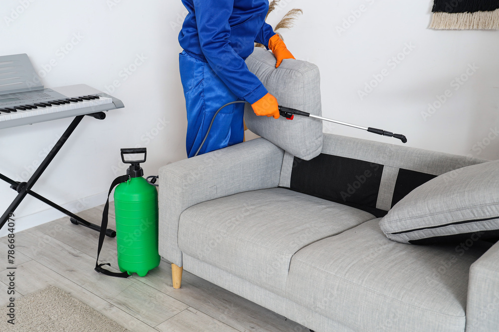 Male worker disinfecting sofa in room