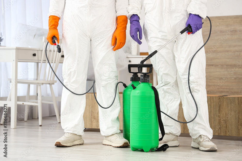 Male workers with disinfectant in bedroom