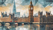 Big Ben and London cityscape double exposure contemporary style minimalist artwork collage illustration. Ai generative.