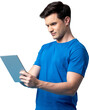 Young handsome Caucasian man holding tablet computer PNG file no background 