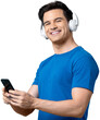 Smiling happy Caucasian man wearing headphones listening to streaming music on mobile phone PNG file no background 