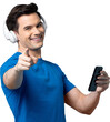 Smiling happy Caucasian man wearing headphones listening to streaming music on mobile phone PNG file no background 
