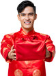 Handsome smiling Asian man giving Chinese New Year gift PNG file no background 