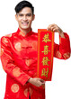 Handsome smiling Asian man showing red scroll PNG file no background 