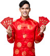 Smiling cheerful Asian man in traditional oriental costume holding red envelope Ang Pow for Chinese new year PNG file no background 