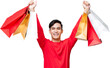 Smiling Asian man raising hands showing shopping bags PNG file no background 