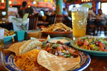 Wall Mural - Plates of food on table at mexican restauran