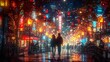 Romantic evening stroll in a vibrant, festive city street illuminated by lights