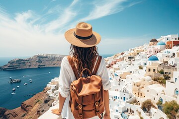 Canvas Print - woman in traditional greek village Oia of Santorini, with blue domes against sea and caldera, Greece