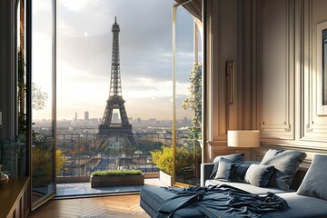 Poster - Room in Paris with eiffel tour in window , honeymoon or romantic holidays concept