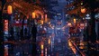 Pixel art of a lone figure under neon lights in a rainy city street at night