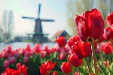 Poster - bright tulips field stripes with windmill in background, Holland landscape